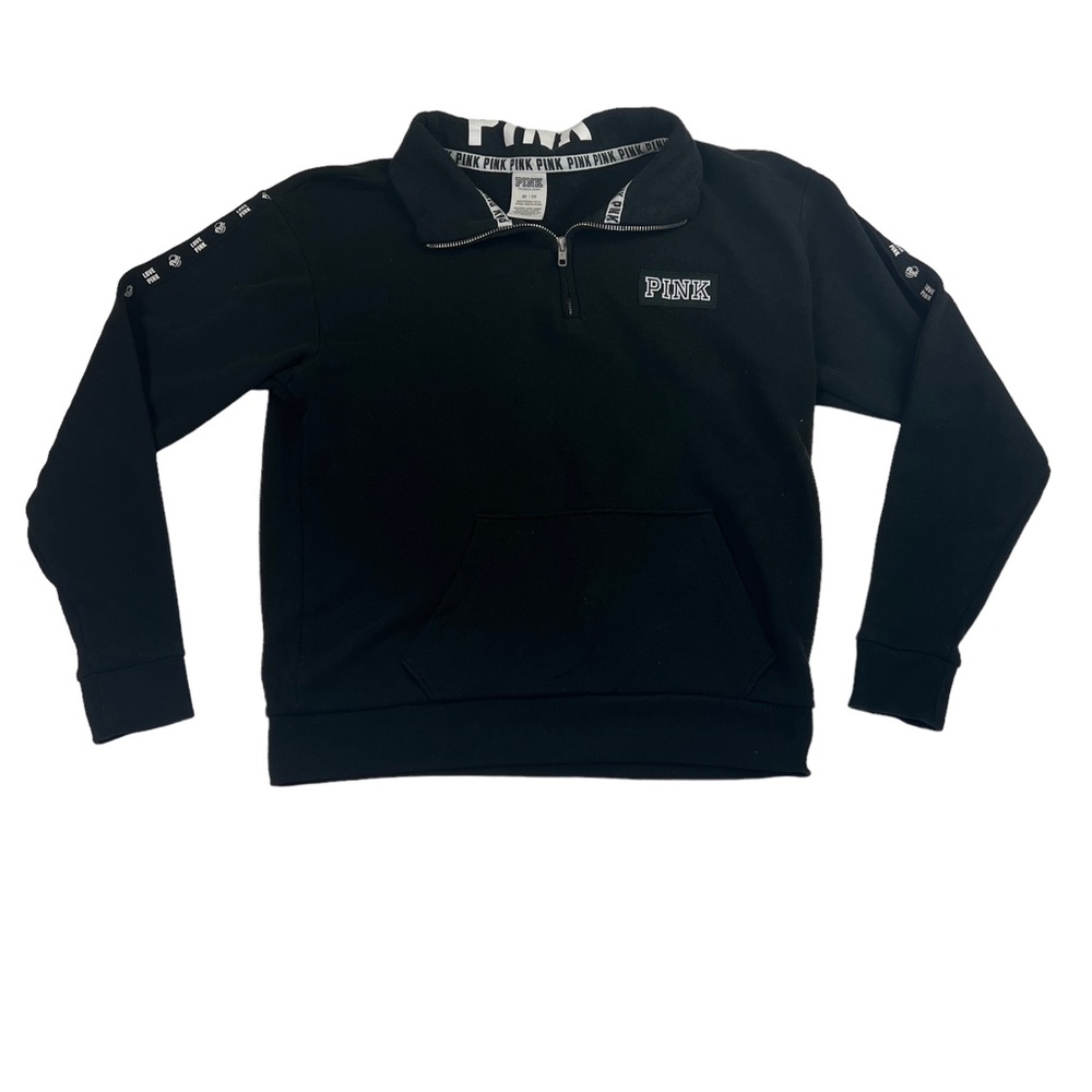 Victoria's Secret PINK Collared Hoodie Quarter Zip Black Sweatshirt Size XS